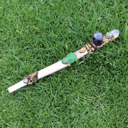 Ceremonial Pipe ( Calumet ) Made of Llama Bone | Decorated with Clear Quartz, Snake , Kambo Frog and Wolf Figure