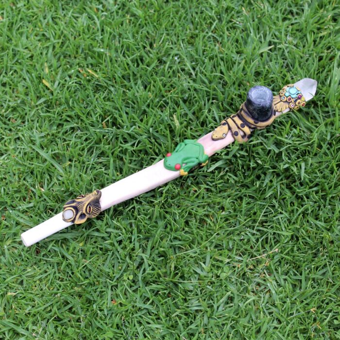 Ceremonial Pipe ( Calumet ) Made of Llama Bone | Decorated with Clear Quartz, Snake , Kambo Frog and Wolf Figure