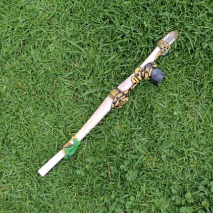 Ceremonial Pipe ( Calumet ) Made of Llama Bone | Decorated with Clear Quartz, Peruvian Turquoise Turtle, Snake, Jaguar and Kambo Frog Figure