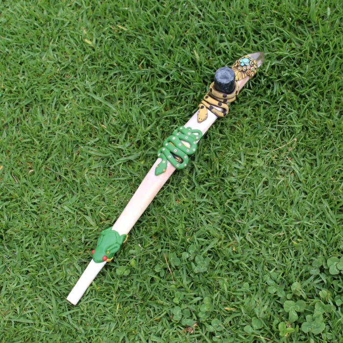 Ceremonial Pipe ( Calumet ) Made of Llama Bone | Decorated with Clear Quartz, Peruvian Turquoise Turtle, Snake and Kambo Frog Figure