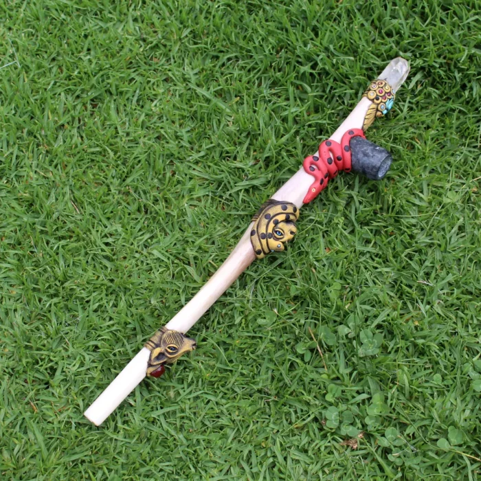 Ceremonial Pipe ( Calumet ) Made of Llama Bone | Decorated with Clear Quartz, Red Jade, Turquoise Turtle, Snake, Jaguar and Wolf Figure