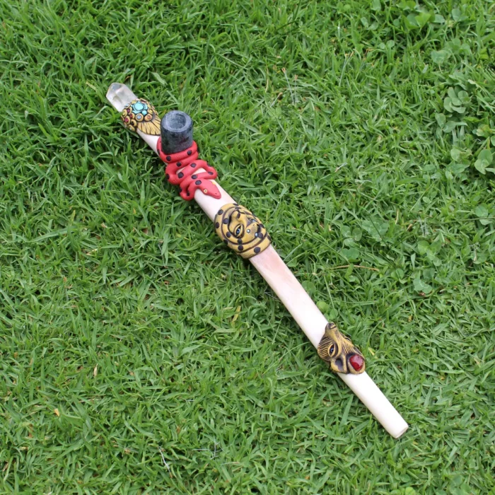 Ceremonial Pipe ( Calumet ) Made of Llama Bone | Decorated with Clear Quartz, Red Jade, Turquoise Turtle, Snake, Jaguar and Wolf Figure