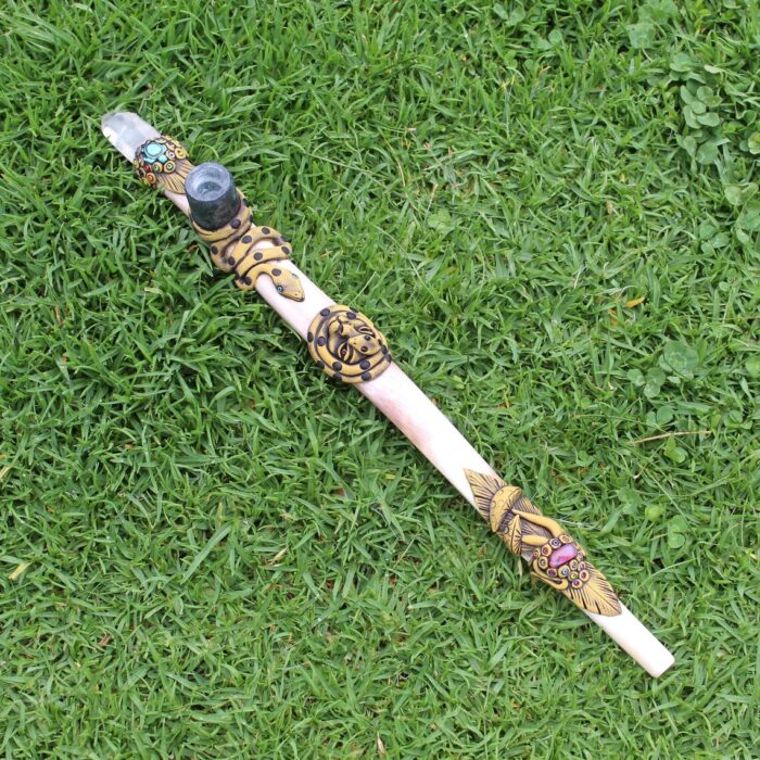 Ceremonial Pipe ( Calumet ) Made of Llama Bone | Decorated with Clear Quartz, Peruvian Turquoise Turtle, Snake, Jaguar and Pink Jade