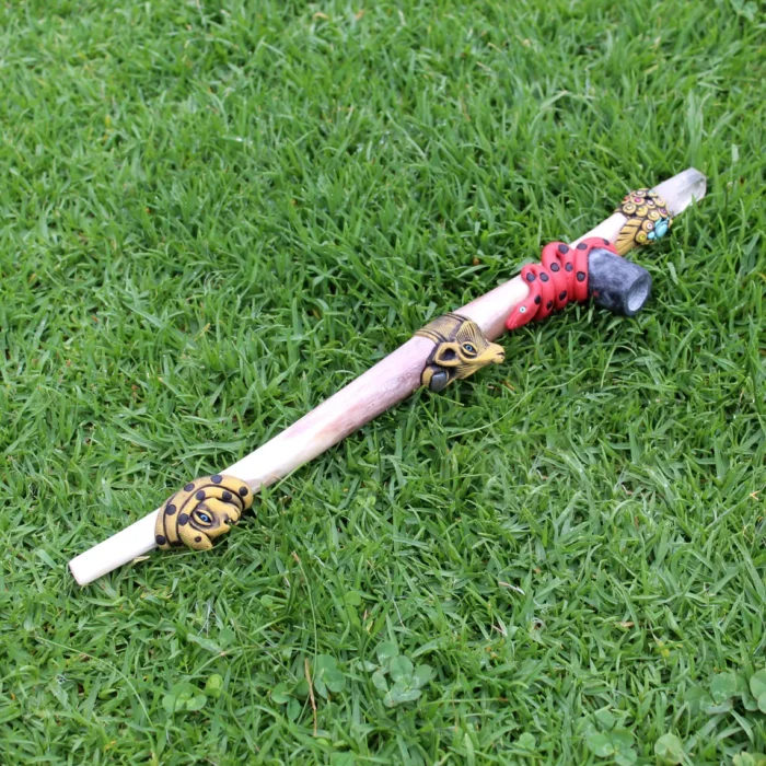 Ceremonial Pipe ( Calumet ) Made of Llama Bone | Decorated with Clear Quartz, Green Jade, Turquoise Turtle, Snake, Jaguar and Wolf Figure