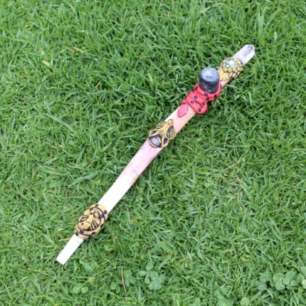 Ceremonial Pipe ( Calumet ) Made of Llama Bone | Decorated with Clear Quartz, Green Jade, Turquoise Turtle, Snake, Jaguar and Wolf Figure