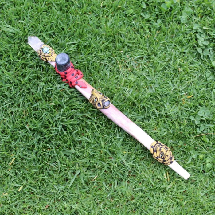 Ceremonial Pipe ( Calumet ) Made of Llama Bone | Decorated with Clear Quartz, Green Jade, Turquoise Turtle, Snake, Jaguar and Wolf Figure