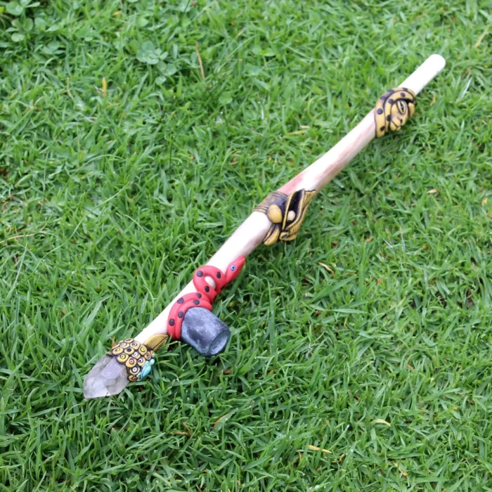 Ceremonial Pipe ( Calumet ) Made of Llama Bone | Decorated with Clear Quartz, Peruvian Turquoise Turtle, Snake, Eagle and Jaguar