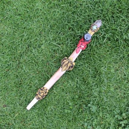 Ceremonial Pipe ( Calumet ) Made of Llama Bone | Decorated with Clear Quartz, Peruvian Turquoise Turtle, Snake, Eagle and Jaguar