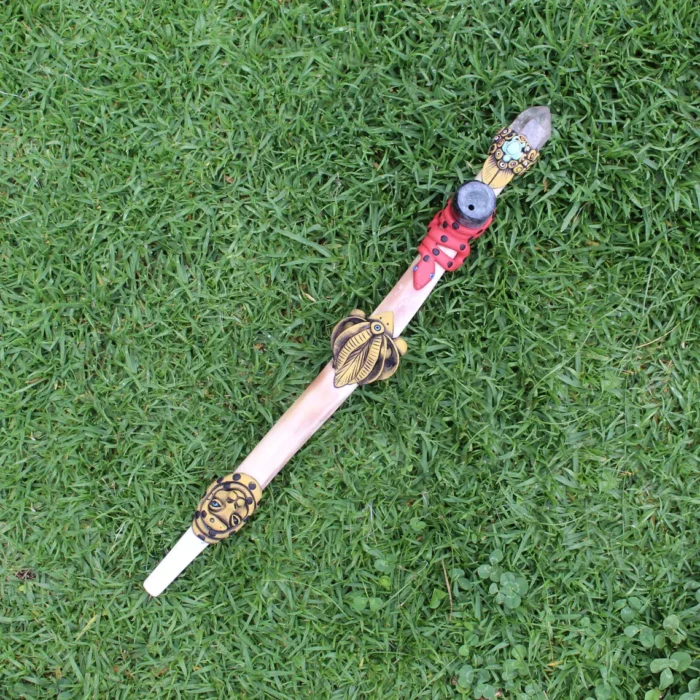Ceremonial Pipe ( Calumet ) Made of Llama Bone | Decorated with Clear Quartz, Peruvian Turquoise Turtle, Snake, Eagle and Jaguar