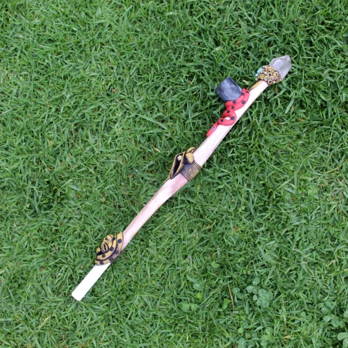 Ceremonial Pipe ( Calumet ) Made of Llama Bone | Decorated with Clear Quartz, Peruvian Turquoise Turtle, Snake, Eagle and Jaguar