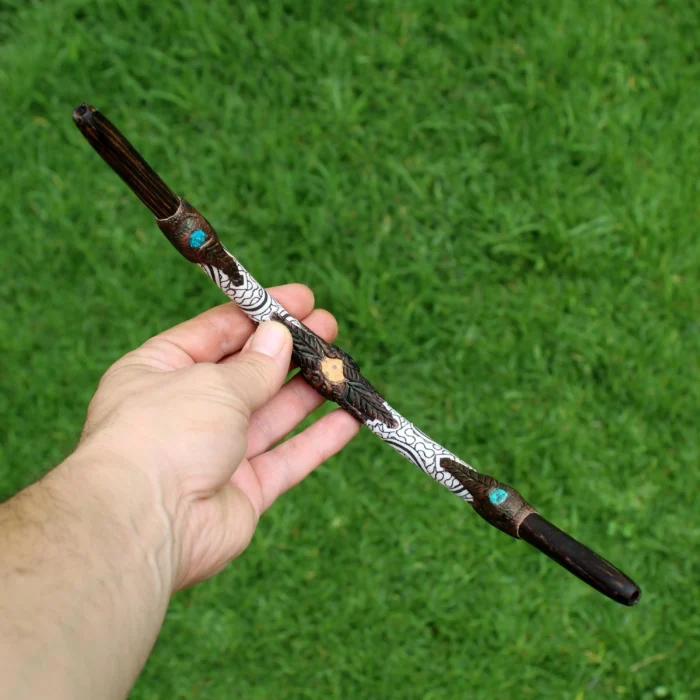 Tepi Applicator made of Chonta Wood | Decorated with Shipibo Pattern, a piece of Aya Vine and Peruvian Turquoise