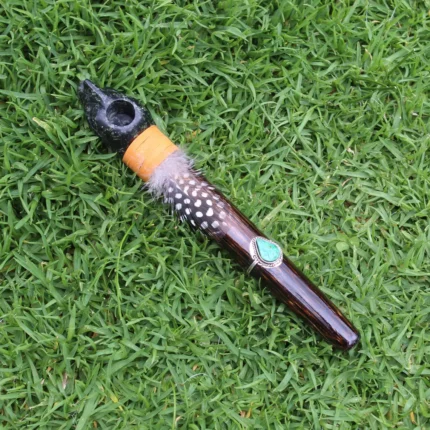 Condor Head Ceremonial Pipe | Peace Pipe | Made of Chonta Wood and Machu Picchu Stone | Decorated with Peruvian Turquoise and Feather