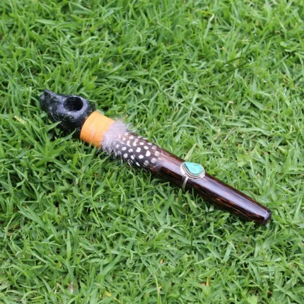 Condor Head Ceremonial Pipe | Peace Pipe | Made of Chonta Wood and Machu Picchu Stone | Decorated with Peruvian Turquoise and Feather