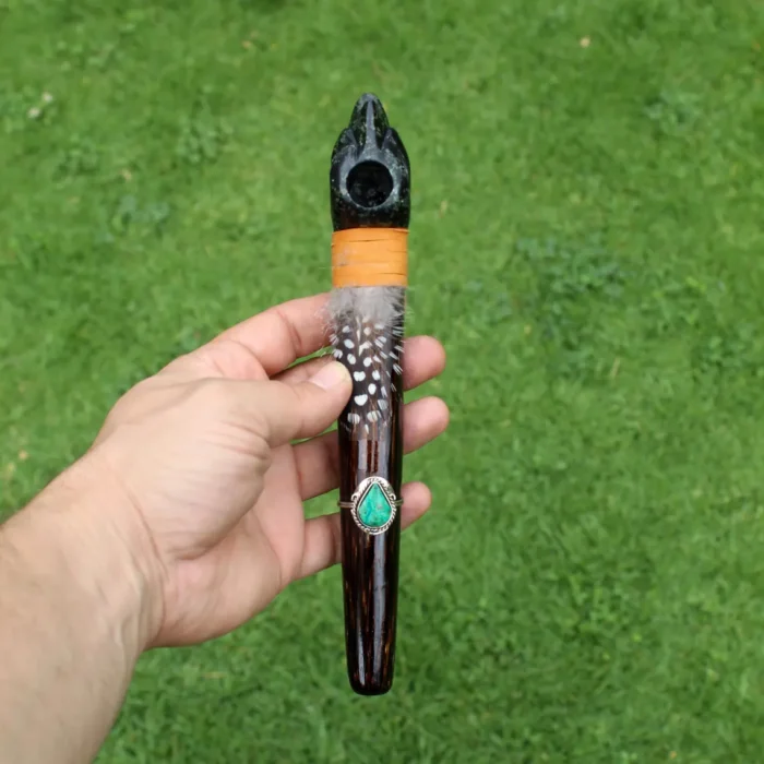Condor Head Ceremonial Pipe | Peace Pipe | Made of Chonta Wood and Machu Picchu Stone | Decorated with Peruvian Turquoise and Feather