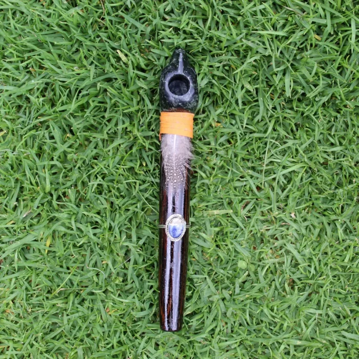Condor Head Ceremonial Pipe | Peace Pipe | Made of Chonta Wood and Machu Picchu Stone | Decorated with Lapis Lazuli and Feather