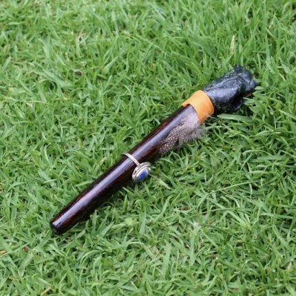 Condor Head Ceremonial Pipe | Peace Pipe | Made of Chonta Wood and Machu Picchu Stone | Decorated with Lapis Lazuli and Feather