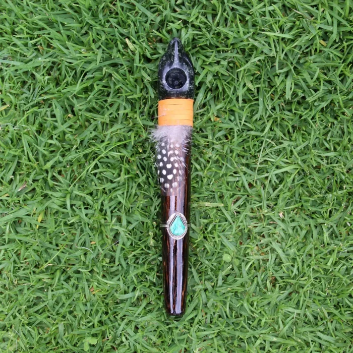 Condor Head Ceremonial Pipe | Peace Pipe | Made of Chonta Wood and Machu Picchu Stone | Decorated with Peruvian Turquoise and Feather