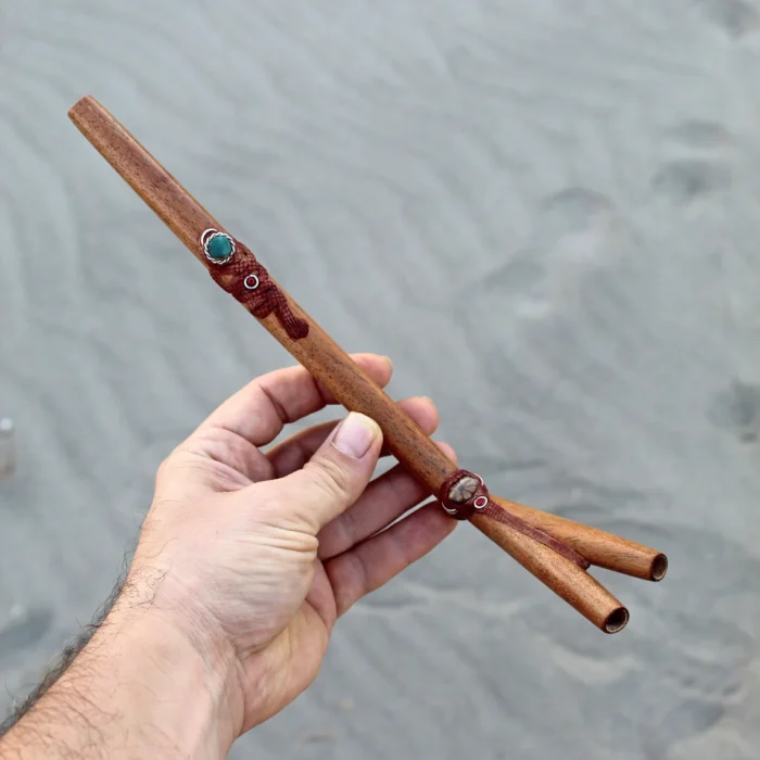 Double Nose Tepi Applicator made of Algarrobo | Decorate Turquoise stone, A piece of Aya Vine and Snake relief
