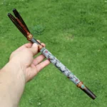 Double Nose Tepi Applicator made of Chonta Wood | Decorate Turquoise stone, A piece of Aya Vine and Shipibo Fabric