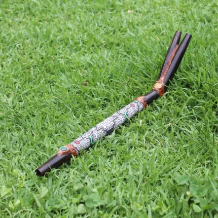 Double Nose Tepi Applicator made of Chonta Wood | Decorate Turquoise stone, A piece of Aya Vine and Shipibo Fabric