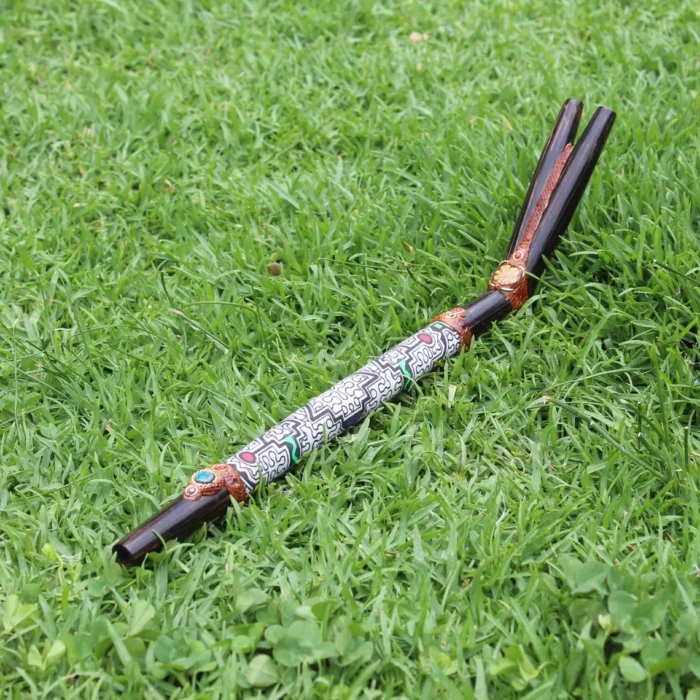 Double Nose Tepi Applicator made of Chonta Wood | Decorate Turquoise stone, A piece of Aya Vine and Shipibo Fabric