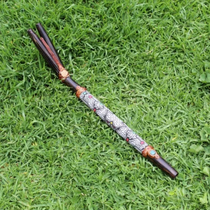 Double Nose Tepi Applicator made of Chonta Wood | Decorate Turquoise stone, A piece of Aya Vine and Shipibo Fabric