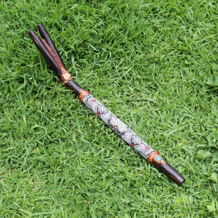Double Nose Tepi Applicator made of Chonta Wood | Decorate Turquoise stone, A piece of Aya Vine and Shipibo Fabric