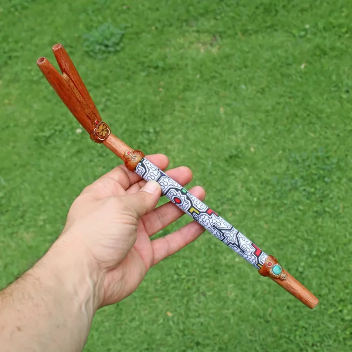 Double Nose Tepi Applicator made of Palo Sangre | Decorate Turquoise stone, A piece of Aya Vine and Shipibo Fabric