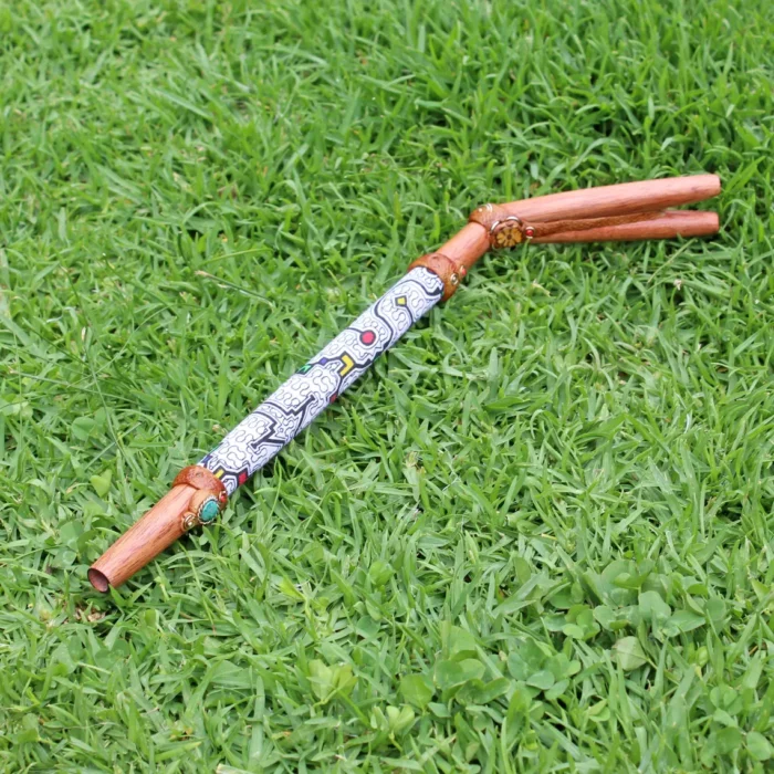 Double Nose Tepi Applicator made of Palo Sangre | Decorate Turquoise stone, A piece of Aya Vine and Shipibo Fabric