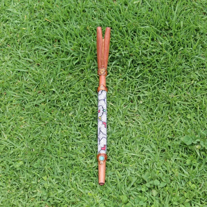 Double Nose Tepi Applicator made of Palo Sangre | Decorate Turquoise stone, A piece of Aya Vine and Shipibo Fabric