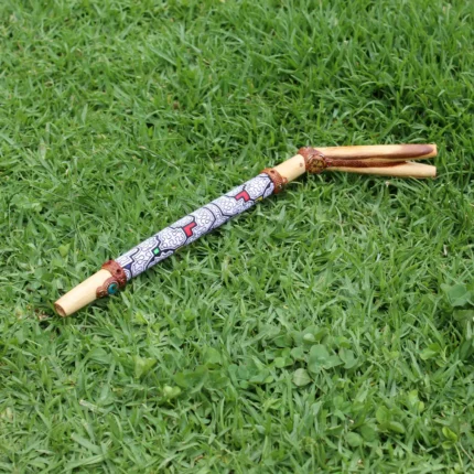 Double Nose Tepi Applicator made of Palo Santo | Decorate Turquoise stone, A piece of Aya Vine and Shipibo Fabric