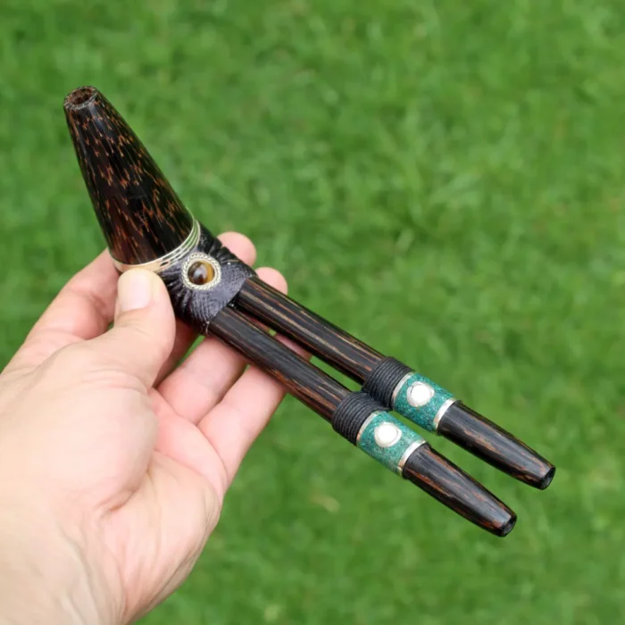 Double Nose Tepi made of Chonta Wood | Decorated with Tiger's Eye and Peruvian Turquoise