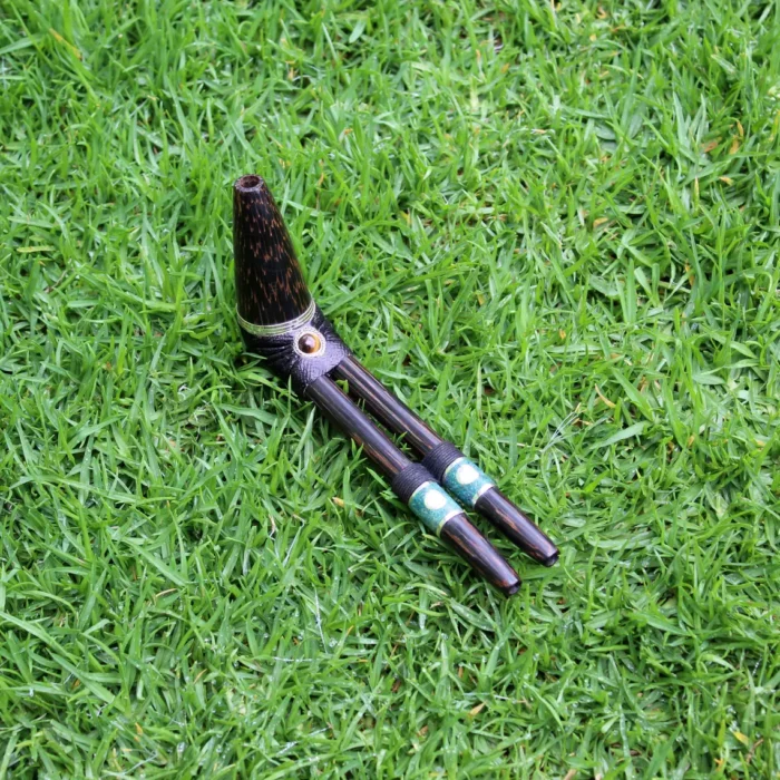 Double Nose Tepi made of Chonta Wood | Decorated with Tiger's Eye and Peruvian Turquoise