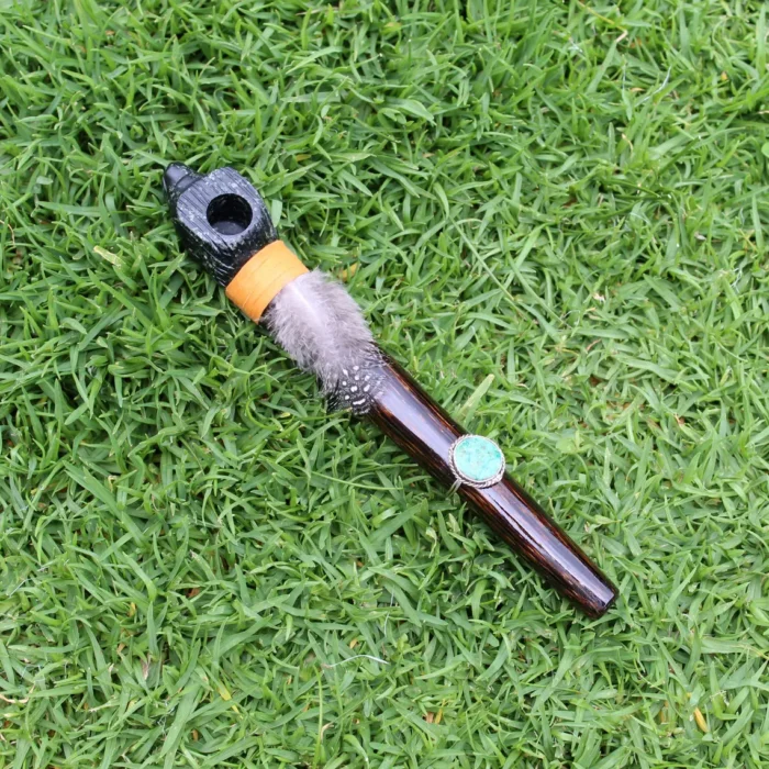 Eagle Head Ceremonial Pipe | Peace Pipe | Made of Chonta Wood and Machu Picchu Stone | Decorated with Peruvian Turquoise and Feather