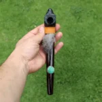 Eagle Head Ceremonial Pipe | Peace Pipe | Made of Chonta Wood and Machu Picchu Stone | Decorated with Peruvian Turquoise and Feather