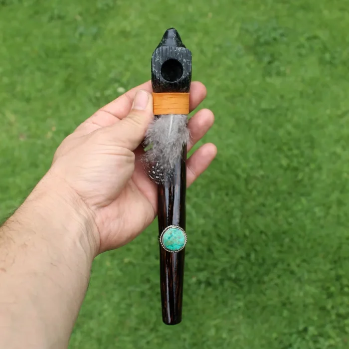 Eagle Head Ceremonial Pipe | Peace Pipe | Made of Chonta Wood and Machu Picchu Stone | Decorated with Peruvian Turquoise and Feather