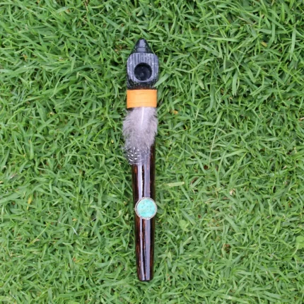 Eagle Head Ceremonial Pipe | Peace Pipe | Made of Chonta Wood and Machu Picchu Stone | Decorated with Peruvian Turquoise and Feather