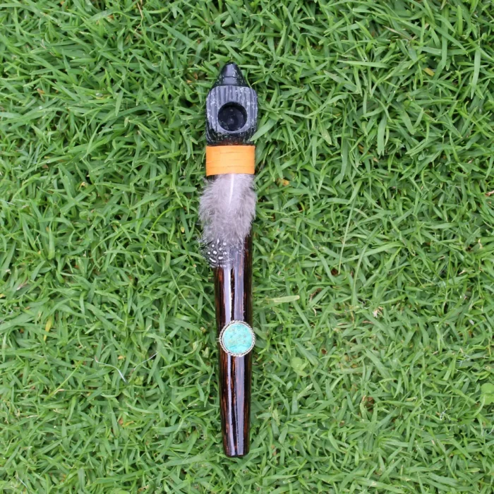 Eagle Head Ceremonial Pipe | Peace Pipe | Made of Chonta Wood and Machu Picchu Stone | Decorated with Peruvian Turquoise and Feather