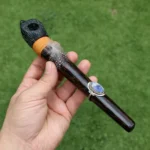 Eagle Head Ceremonial Pipe | Peace Pipe | Made of Chonta Wood and Machu Picchu Stone | Decorated with Lapis Lazuli and Feather