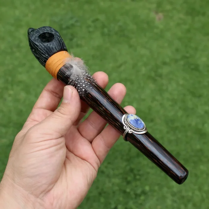 Eagle Head Ceremonial Pipe | Peace Pipe | Made of Chonta Wood and Machu Picchu Stone | Decorated with Lapis Lazuli and Feather