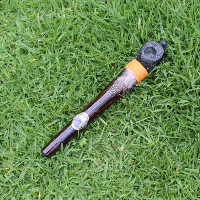 Eagle Head Ceremonial Pipe | Peace Pipe | Made of Chonta Wood and Machu Picchu Stone | Decorated with Lapis Lazuli and Feather