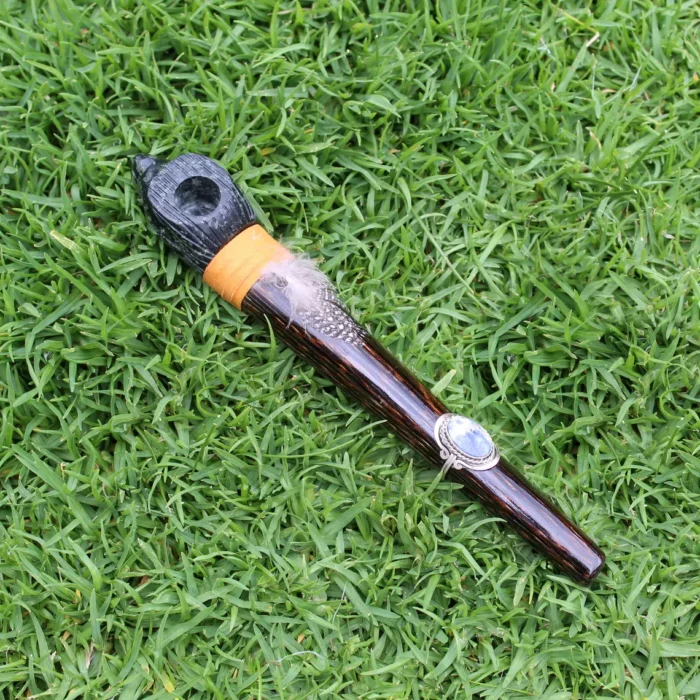 Eagle Head Ceremonial Pipe | Peace Pipe | Made of Chonta Wood and Machu Picchu Stone | Decorated with Lapis Lazuli and Feather