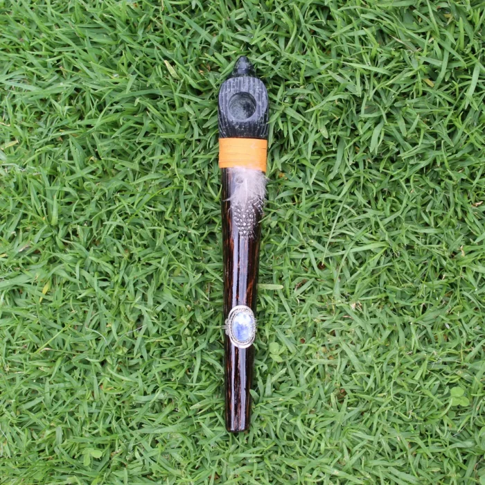 Eagle Head Ceremonial Pipe | Peace Pipe | Made of Chonta Wood and Machu Picchu Stone | Decorated with Lapis Lazuli and Feather