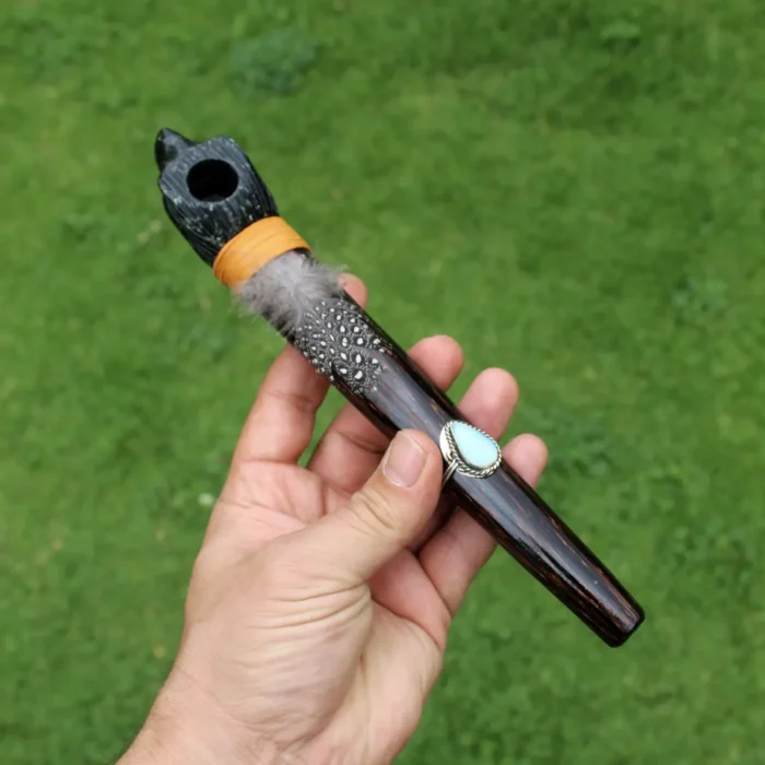 Eagle Head Ceremonial Pipe | Peace Pipe | Made of Chonta Wood and Machu Picchu Stone | Decorated with Peruvian Turquoise and Feather