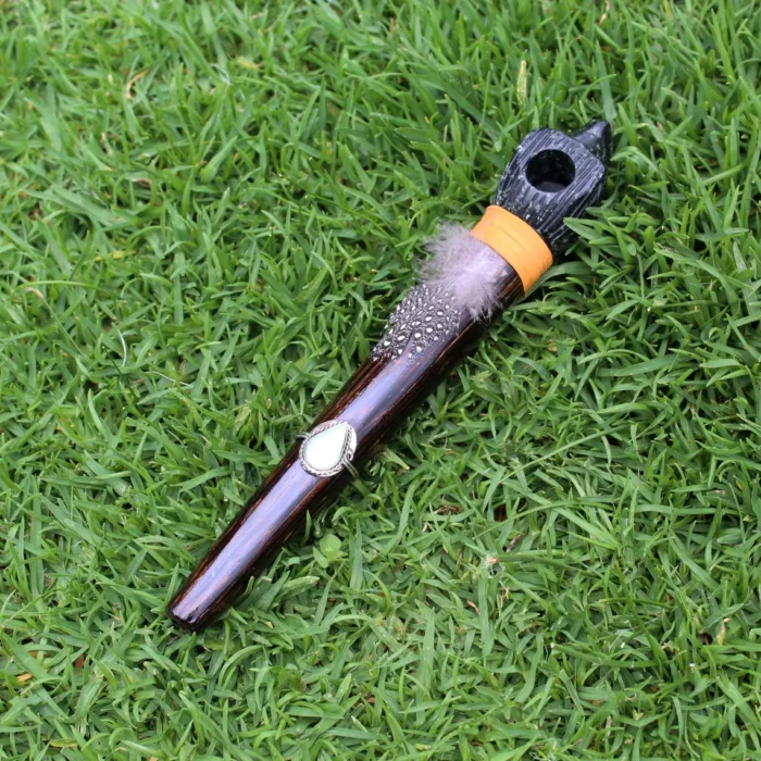 Eagle Head Ceremonial Pipe | Peace Pipe | Made of Chonta Wood and Machu Picchu Stone | Decorated with Peruvian Turquoise and Feather