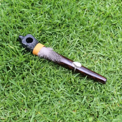 Eagle Head Ceremonial Pipe | Peace Pipe | Made of Chonta Wood and Machu Picchu Stone | Decorated with Peruvian Turquoise and Feather