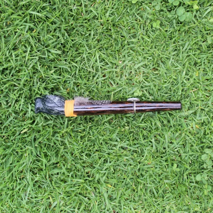 Eagle Head Ceremonial Pipe | Peace Pipe | Made of Chonta Wood and Machu Picchu Stone | Decorated with Peruvian Turquoise and Feather