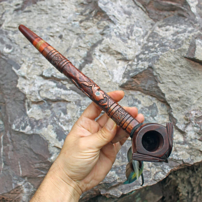 Hand Carved Ceremonial Pipe ( Calumet ) Made of Palo Sangre Ornament Hummingbird and Owl 32 cm