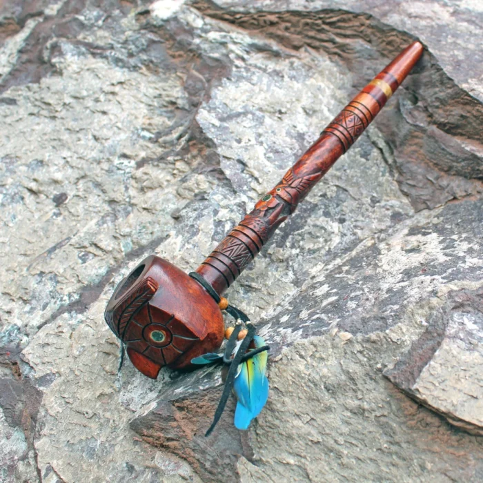 Hand Carved Ceremonial Pipe ( Calumet ) Made of Palo Sangre Ornament Hummingbird and Owl 32 cm