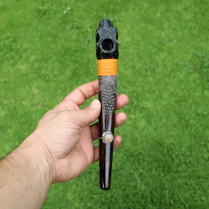 Jaguar Head Ceremonial Pipe | Peace Pipe | Made of Chonta Wood and Machu Picchu Stone | Decorated with Smoky Quartz and Feather